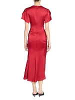 Satin Gathered V-Neck Midi-Dress