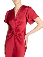 Satin Gathered V-Neck Midi-Dress
