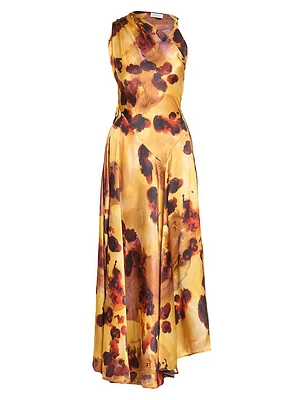 Floral Satin Asymmetric Sleeveless Maxi Dress