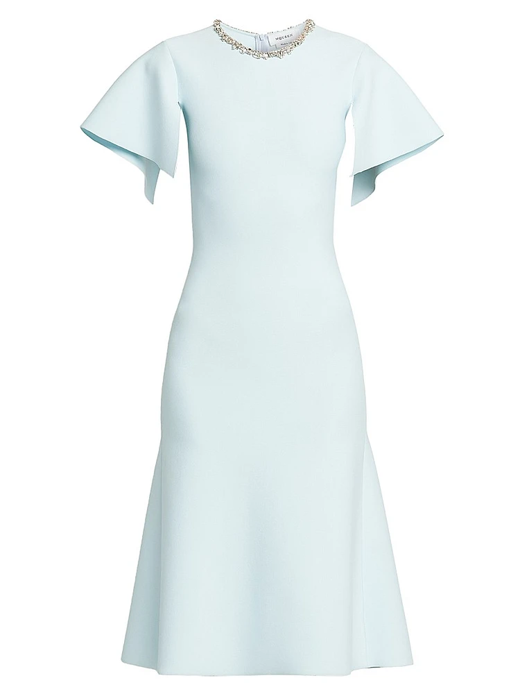 Embellished Flutter-Sleeve Midi-Dress