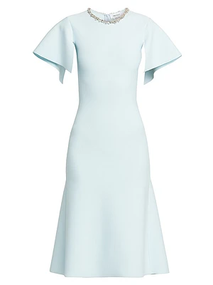 Embellished Flutter-Sleeve Midi-Dress