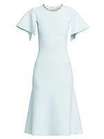 Embellished Flutter-Sleeve Midi-Dress
