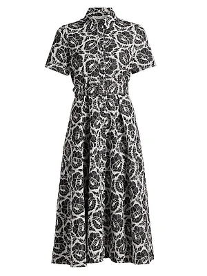 Jean Floral-Embroidered Cotton Belted Midi-Shirtdress