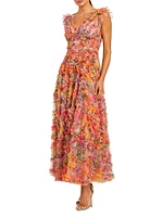 Floral Mesh Ruffled V-Neck Maxi Dress