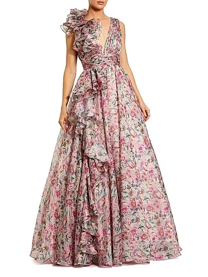 Floral Chiffon Ruffled V-Neck Gown