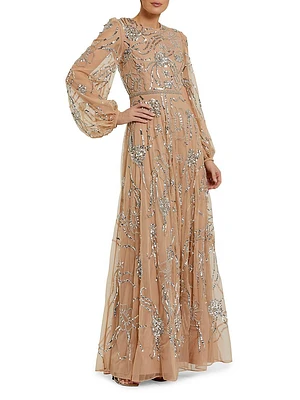 Embellished Mesh Balloon-Sleeve Gown