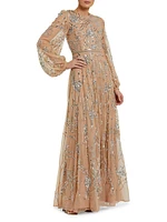 Embellished Mesh Balloon-Sleeve Gown