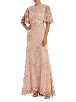 Embellished Lace Flutter-Sleeve Gown