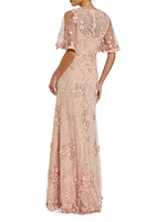 Embellished Lace Flutter-Sleeve Gown