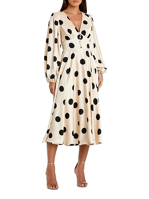 Ieena 2 Polka Dot Satin V-Neck Midi-Dress