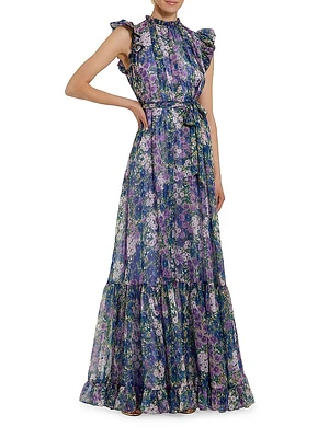 Ieena Floral Print Chiffon Ruffle Gown
