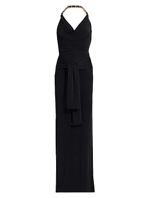 Chain Strap Tie-Waist Halter Gown