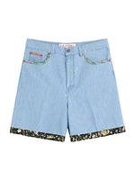 Denim Bermuda Shorts with Floral Print Hem