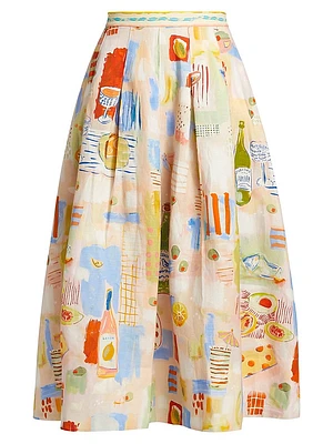 Alexis Printed Pleated Linen-Blend Midi-Skirt