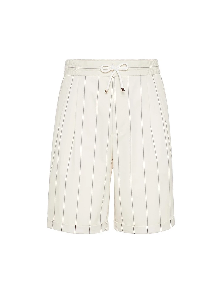 Wool Blend Chalk Stripe Gabardine Bermuda Shorts with Drawstring