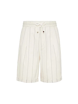Wool Blend Chalk Stripe Gabardine Bermuda Shorts with Drawstring