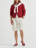Wool Blend Chalk Stripe Gabardine Bermuda Shorts with Drawstring