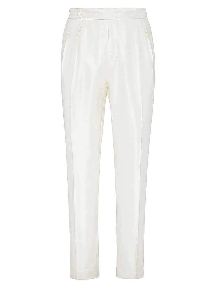 Silk Diagonal Tuxedo Trousers with Double Pleats