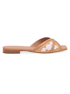 Perla Flower Embroidered Raffia Flat Sandals