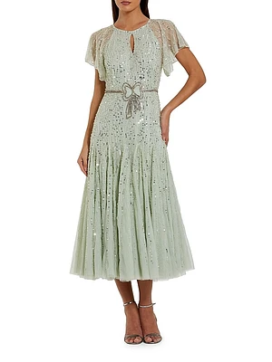 Beaded Mesh Flutter-Sleeve Cocktail Dress