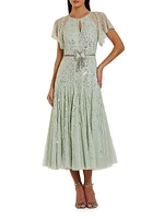 Beaded Mesh Flutter-Sleeve Cocktail Dress