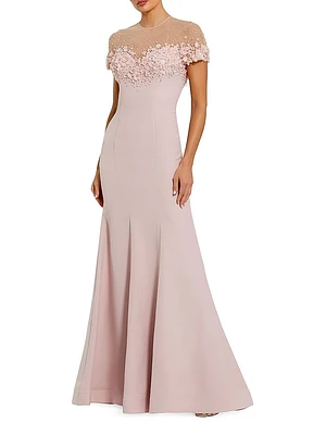 Beaded Illusion Crêpe Mermaid Gown
