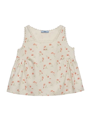 Embroidered Floral Print Linen Top