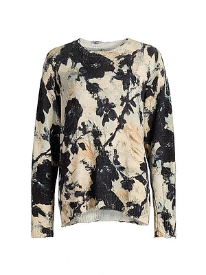 Distressed Floral Linen Crewneck Sweater