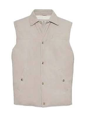 Suede Down Vest with Shirt Style Collar