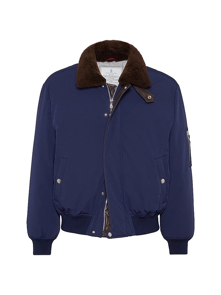 Stretch Bonded Nylon Down Jacket with Shearling Lined Collar