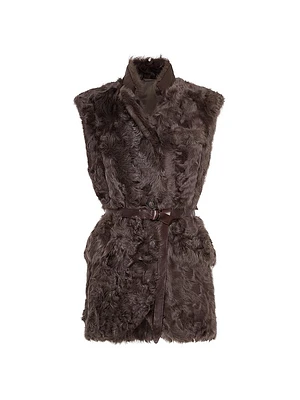 Wavy Shearling Vest with Leather Belt and Monili