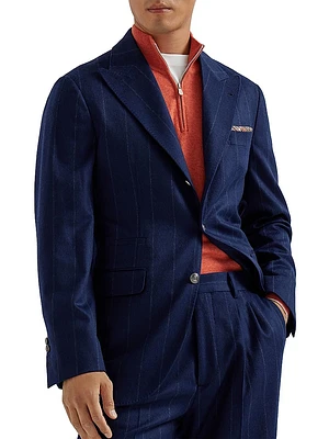 Wool Blend Wide Chalk Stripe Flannel Deconstructed Blazer with Large Peak Lapels