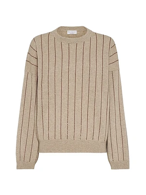 Cashmere Sweater with Dazzling Chalk Stripe Embroidery