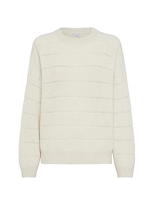 Dazzling Cashmere and Wool Ribbed Sweater with Openwork Stripe