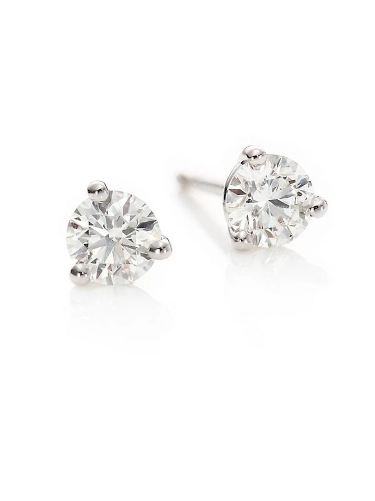 Diamond & 18K White Gold Three-Prong Stud Earrings