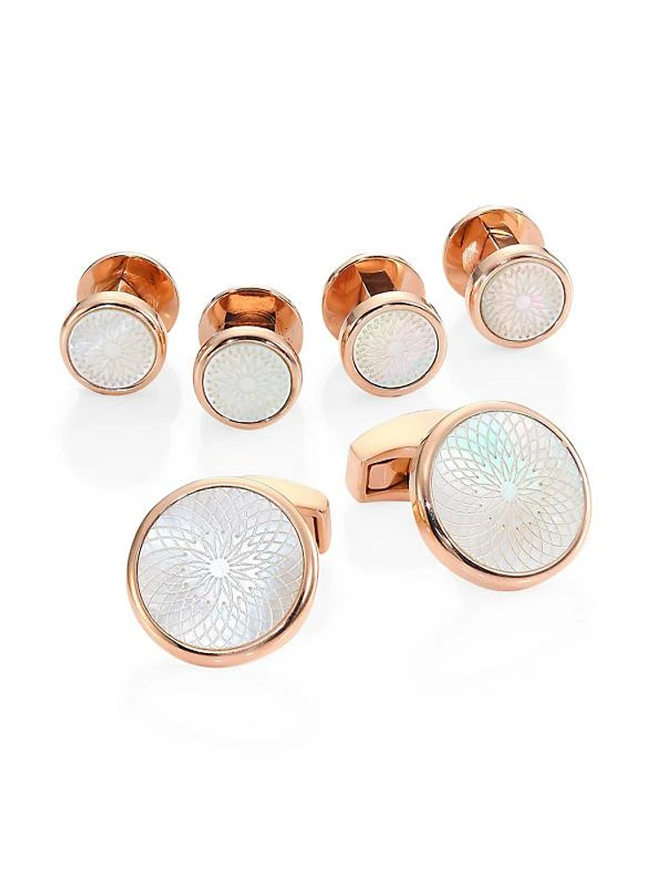 Rotondo Guilloche Mother-of-Pearl Rose Goldplated Cufflinks & Shirt Studs Set