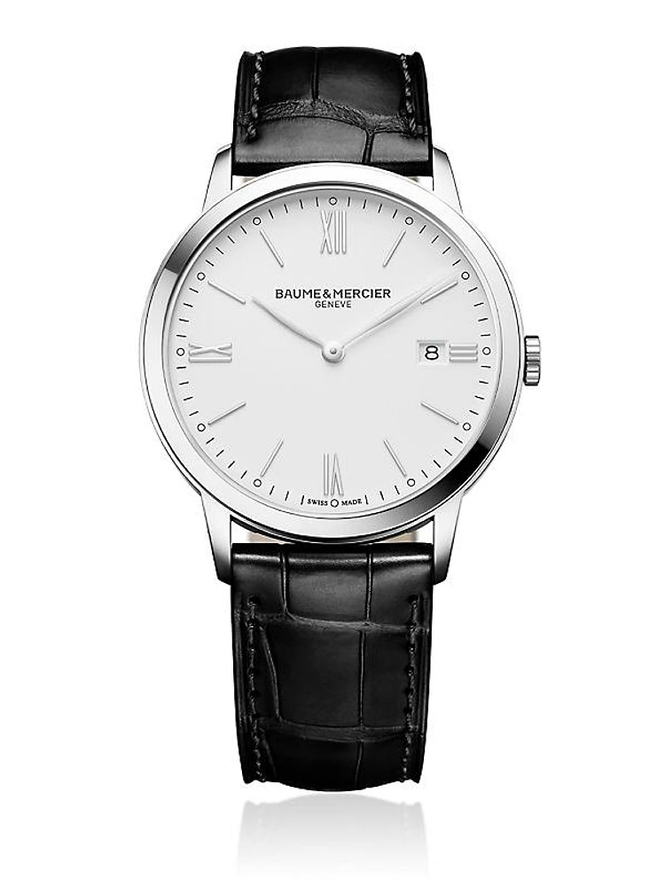 Classima Stainless Steel & Alligator-Embossed Leather Strap Watch