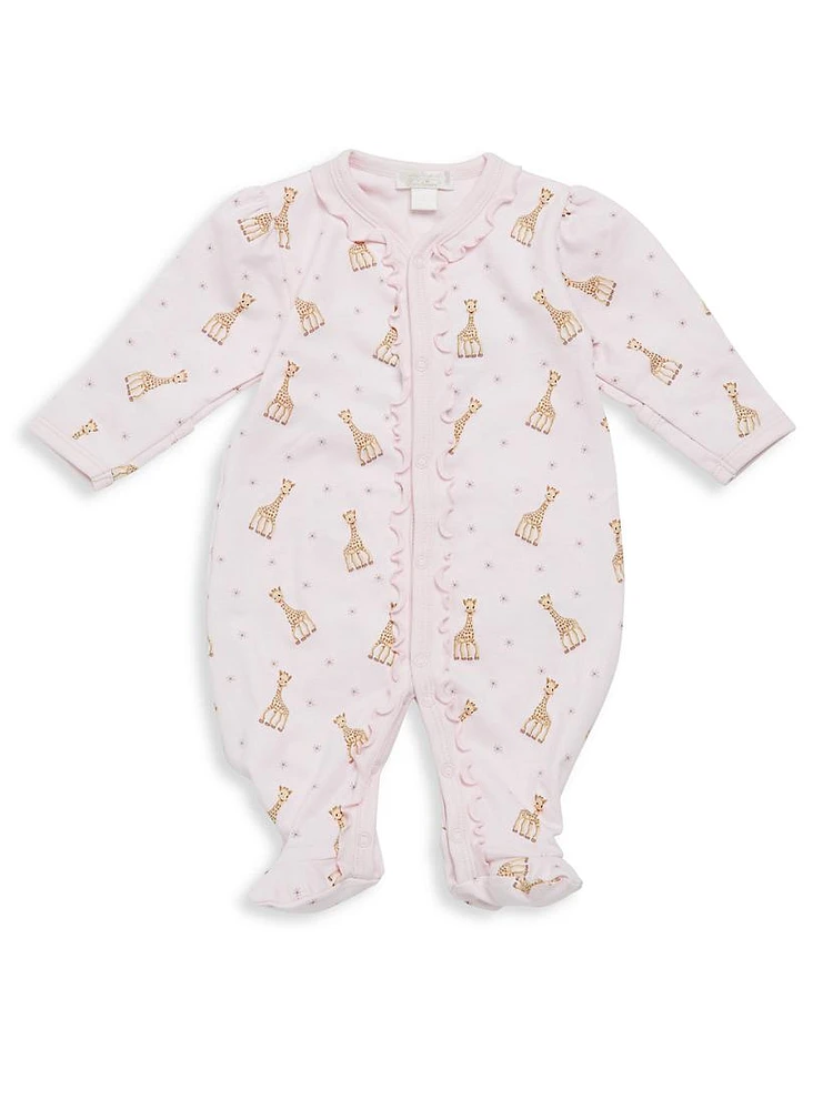 Baby Girl's Giraffe Print Ruffled Pima Cotton Footie