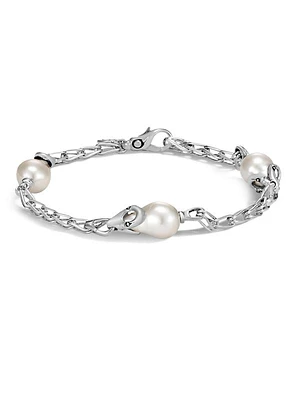 Bamboo Medium 9MM White Fresh Water Pearl & Sterling Silver Station Bracelet