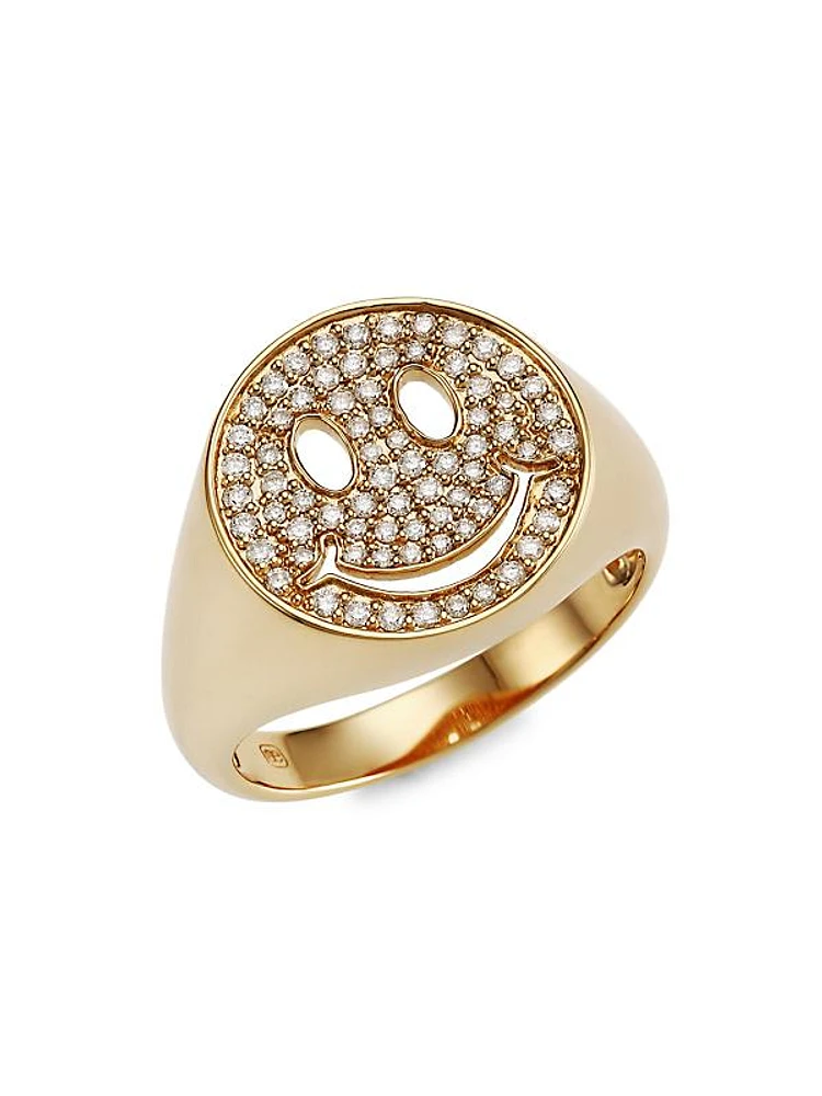 14K Yellow Gold & Diamond Happy Face Signet Ring