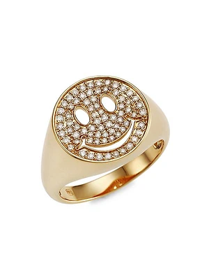 14K Yellow Gold & Diamond Happy Face Signet Ring