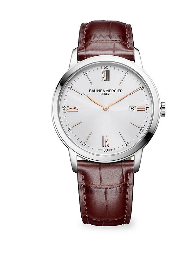 Classima Silver, Stainless Steel & Alligator Strap Watch