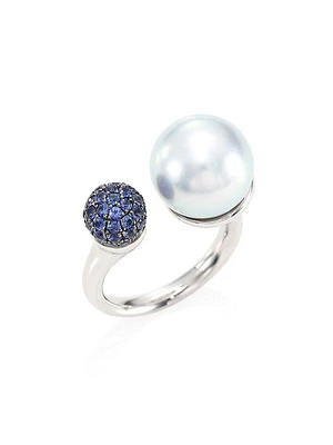 18K White Gold Pearl & Sapphire Ring