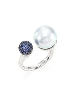 18K White Gold Pearl & Sapphire Ring