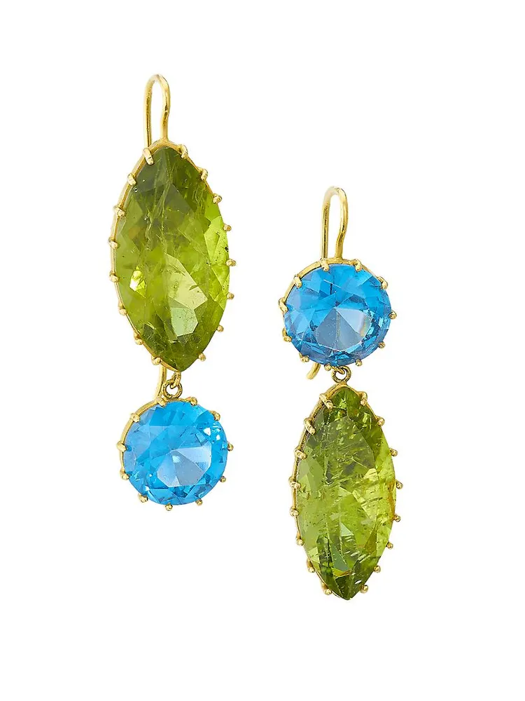 18K Yellow Gold, Blue Zircon, & Chrome Tourmaline Drop Earrings