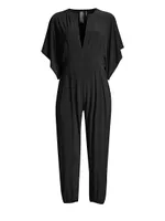 Rectangle Jog Stretch Cape-Sleeve Jumpsuit