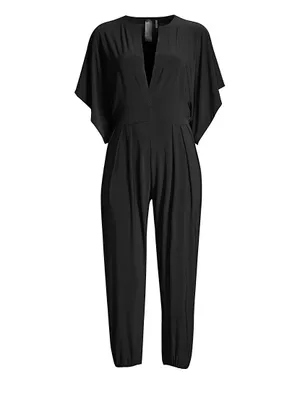 Rectangle Jog Stretch Cape-Sleeve Jumpsuit