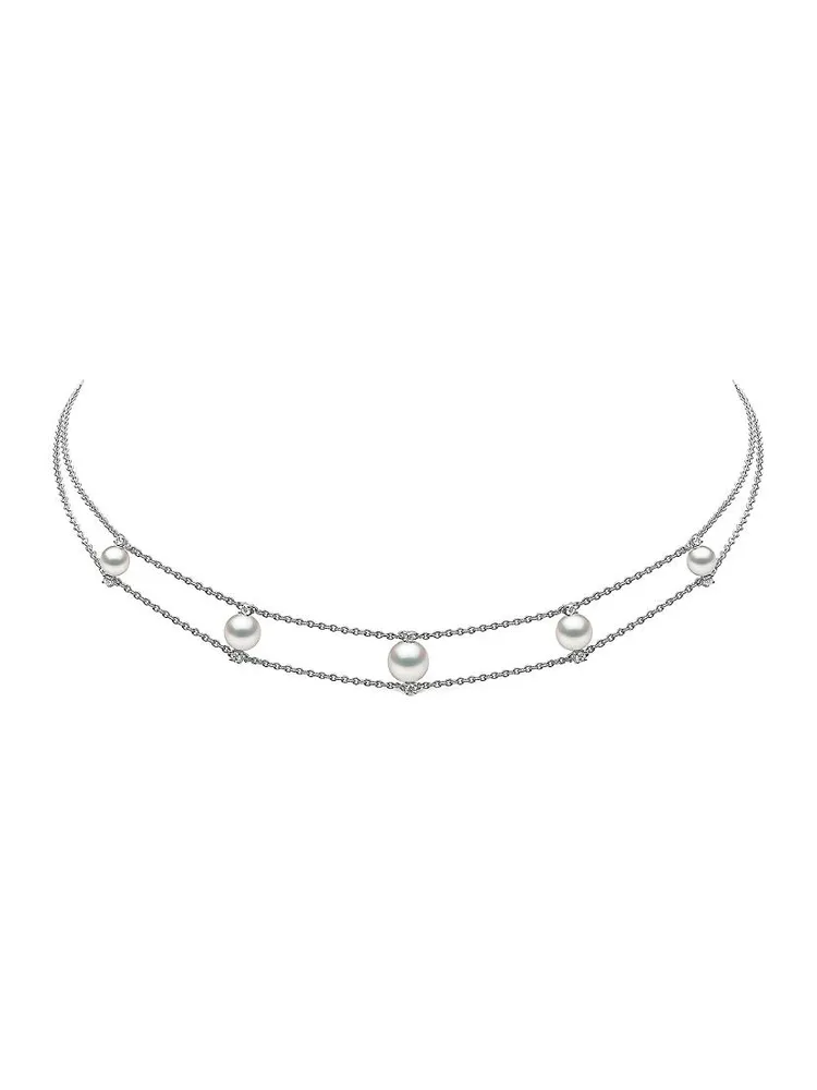 18K White Gold, Pearl & Diamond Station Necklace
