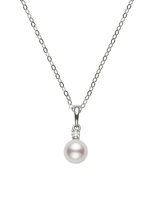 Essential Elements 18K White Gold, 7MM White Cultured Pearl & Diamond Pendant Necklace