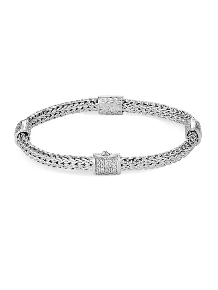 Classic Chain Diamond Pavé & Sterling Silver Four-Station Bracelet